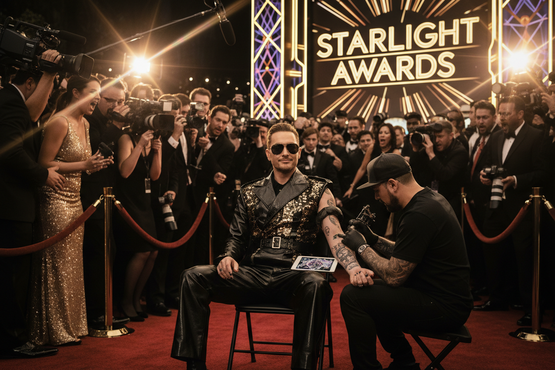 Celebrity getting a tattoo in the middle of awards show on the red carpet