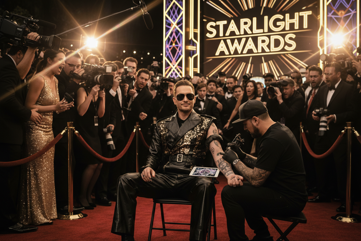 Celebrity getting a tattoo in the middle of awards show on the red carpet