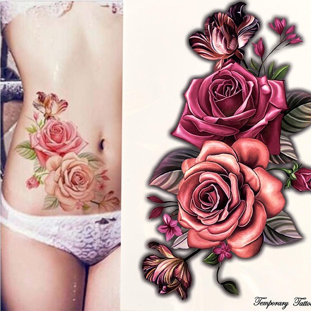 1 Pcs Elegant Temporary Tattoos Stickers Rose Flowers Arm Shoulder Tattoo Waterproof Big Luxury Flower For Womens - TaTTTy