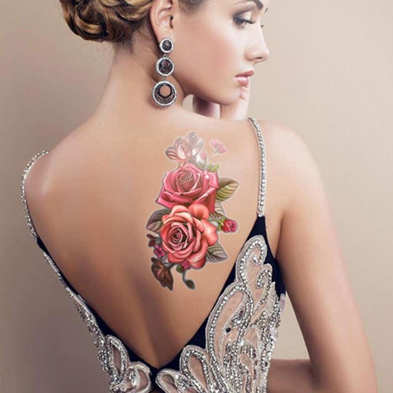 1 Pcs Elegant Temporary Tattoos Stickers Rose Flowers Arm Shoulder Tattoo Waterproof Big Luxury Flower For Womens - TaTTTy