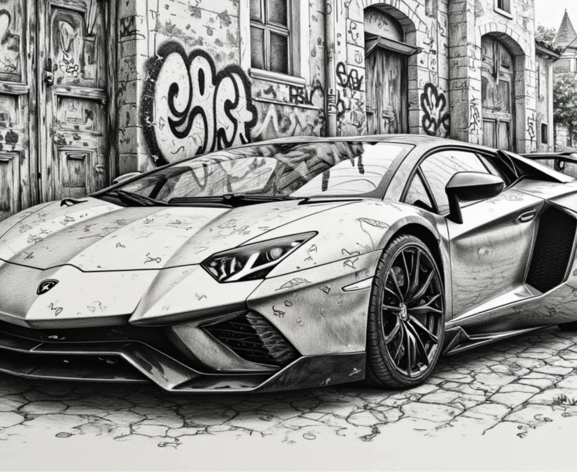 Pencil drawing of a sports car on a street with graffiti