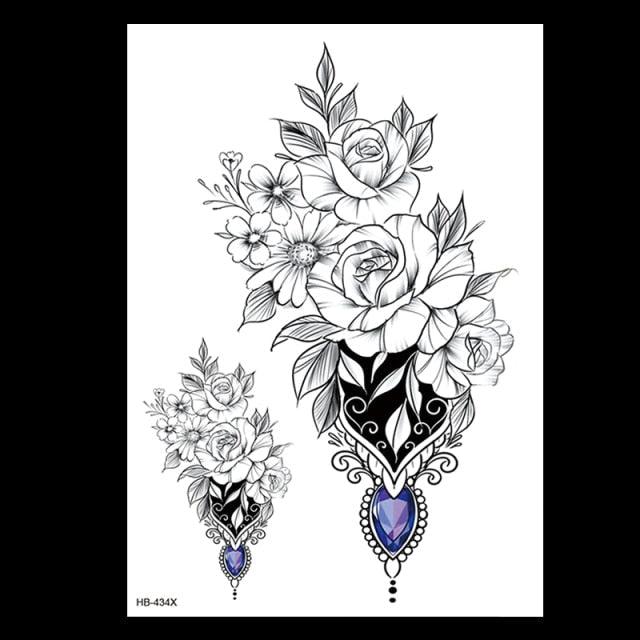 49 Sheets Waterproof Temporary Black Sketches Flowers Tattoo Stickers Flower Rose Tattoos For Women Adults - TaTTTy
