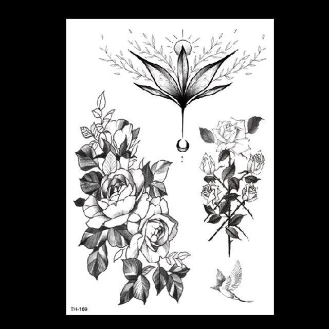49 Sheets Waterproof Temporary Black Sketches Flowers Tattoo Stickers Flower Rose Tattoos For Women Adults - TaTTTy