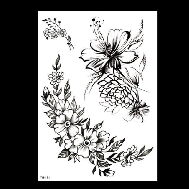 49 Sheets Waterproof Temporary Black Sketches Flowers Tattoo Stickers Flower Rose Tattoos For Women Adults - TaTTTy