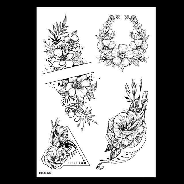 49 Sheets Waterproof Temporary Black Sketches Flowers Tattoo Stickers Flower Rose Tattoos For Women Adults - TaTTTy