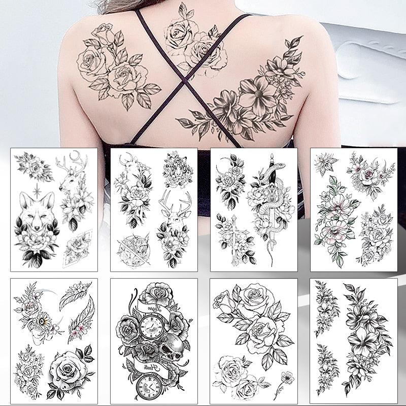 49 Sheets Waterproof Temporary Black Sketches Flowers Tattoo Stickers Flower Rose Tattoos For Women Adults - TaTTTy