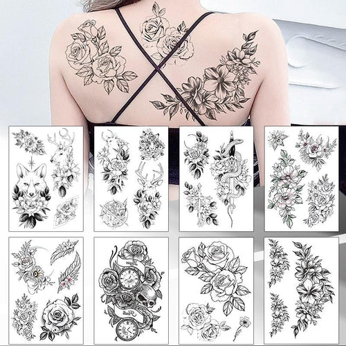 49 Sheets Waterproof Temporary Black Sketches Flowers Tattoo Stickers Flower Rose Tattoos For Women Adults - TaTTTy