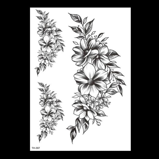 49 Sheets Waterproof Temporary Black Sketches Flowers Tattoo Stickers Flower Rose Tattoos For Women Adults - TaTTTy