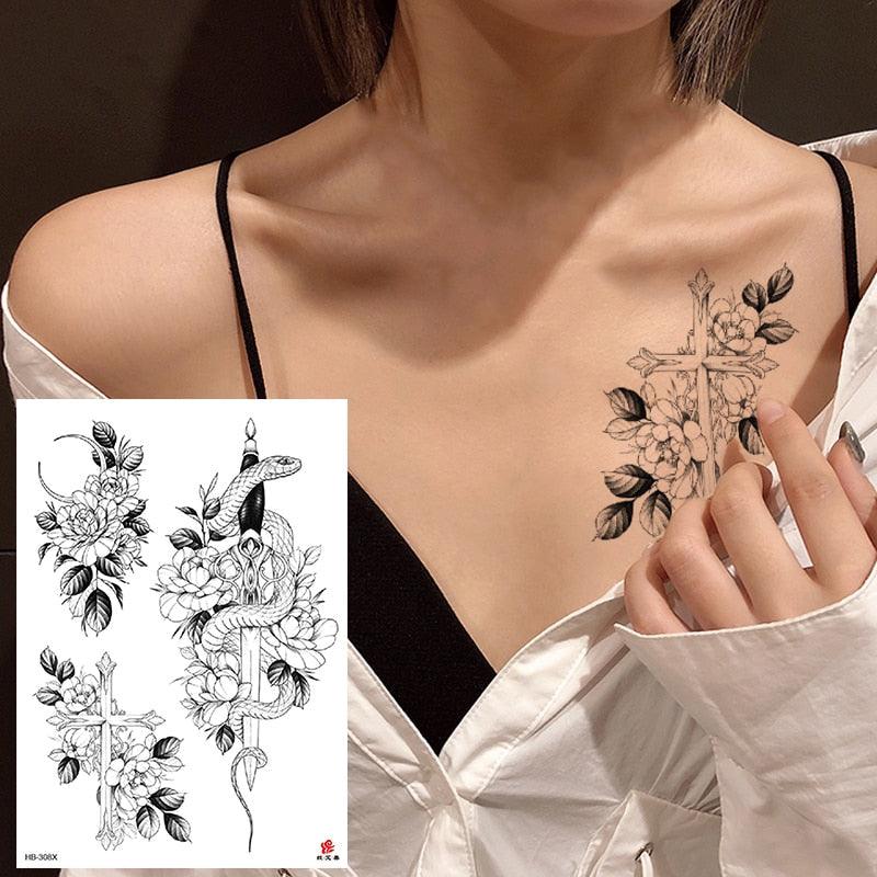49 Sheets Waterproof Temporary Black Sketches Flowers Tattoo Stickers Flower Rose Tattoos For Women Adults - TaTTTy