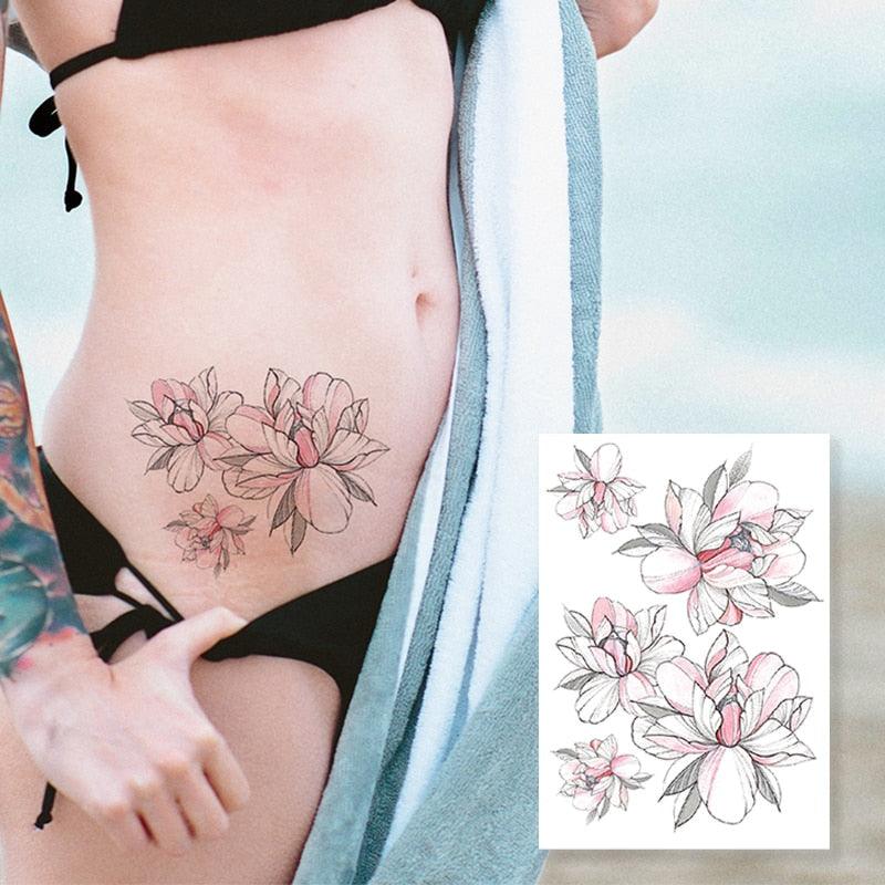 49 Sheets Waterproof Temporary Black Sketches Flowers Tattoo Stickers Flower Rose Tattoos For Women Adults - TaTTTy
