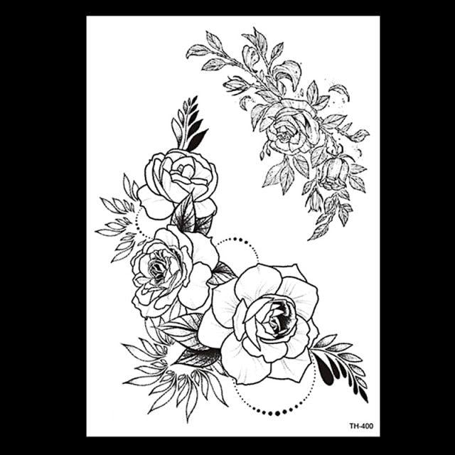 49 Sheets Waterproof Temporary Black Sketches Flowers Tattoo Stickers Flower Rose Tattoos For Women Adults - TaTTTy