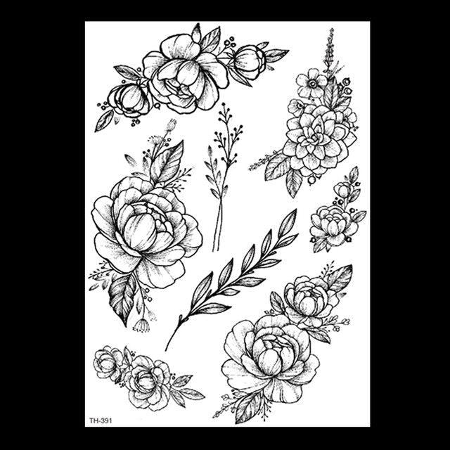 49 Sheets Waterproof Temporary Black Sketches Flowers Tattoo Stickers Flower Rose Tattoos For Women Adults - TaTTTy