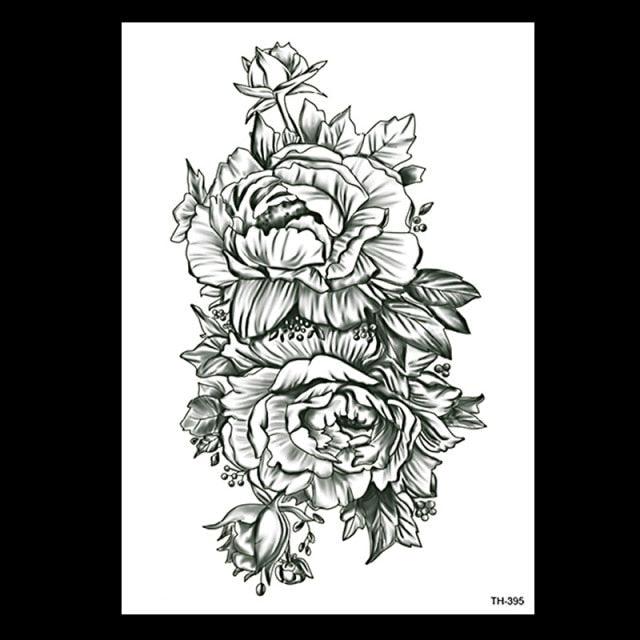49 Sheets Waterproof Temporary Black Sketches Flowers Tattoo Stickers Flower Rose Tattoos For Women Adults - TaTTTy