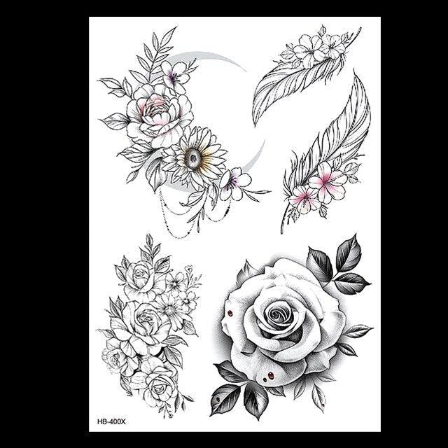 49 Sheets Waterproof Temporary Black Sketches Flowers Tattoo Stickers Flower Rose Tattoos For Women Adults - TaTTTy