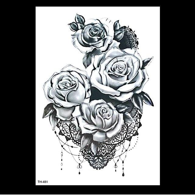 49 Sheets Waterproof Temporary Black Sketches Flowers Tattoo Stickers Flower Rose Tattoos For Women Adults - TaTTTy