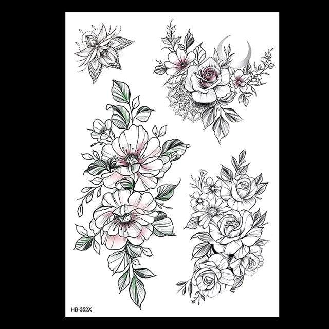 49 Sheets Waterproof Temporary Black Sketches Flowers Tattoo Stickers Flower Rose Tattoos For Women Adults - TaTTTy