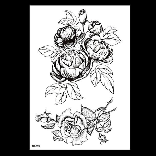 49 Sheets Waterproof Temporary Black Sketches Flowers Tattoo Stickers Flower Rose Tattoos For Women Adults - TaTTTy