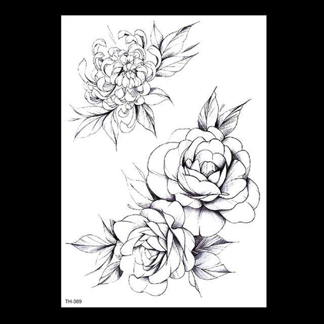 49 Sheets Waterproof Temporary Black Sketches Flowers Tattoo Stickers Flower Rose Tattoos For Women Adults - TaTTTy