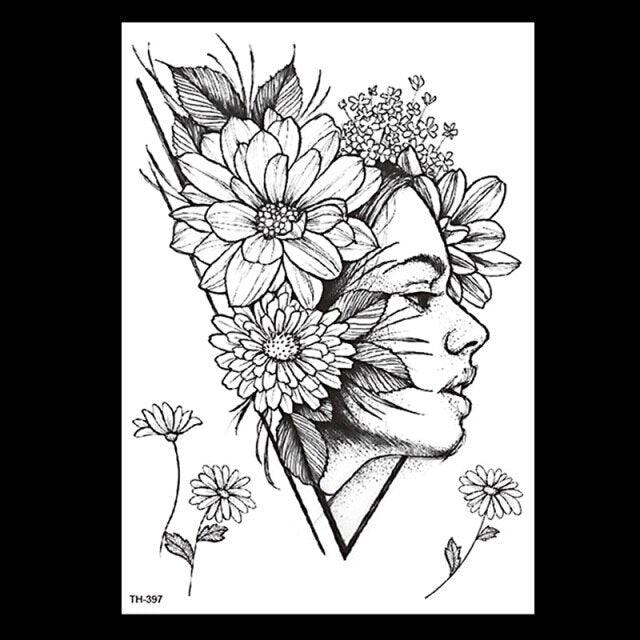 49 Sheets Waterproof Temporary Black Sketches Flowers Tattoo Stickers Flower Rose Tattoos For Women Adults - TaTTTy