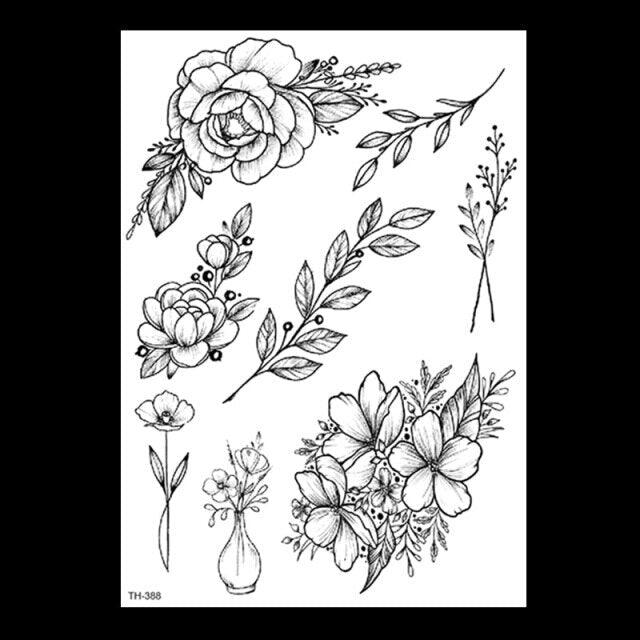 49 Sheets Waterproof Temporary Black Sketches Flowers Tattoo Stickers Flower Rose Tattoos For Women Adults - TaTTTy