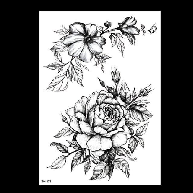 49 Sheets Waterproof Temporary Black Sketches Flowers Tattoo Stickers Flower Rose Tattoos For Women Adults - TaTTTy