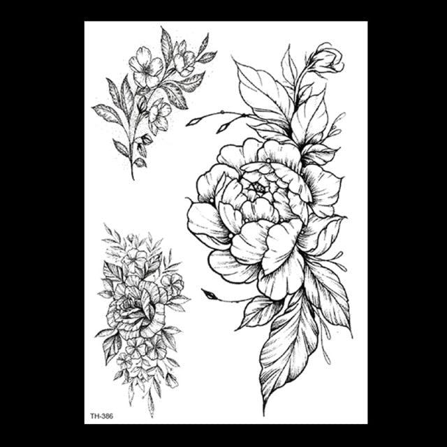 49 Sheets Waterproof Temporary Black Sketches Flowers Tattoo Stickers Flower Rose Tattoos For Women Adults - TaTTTy