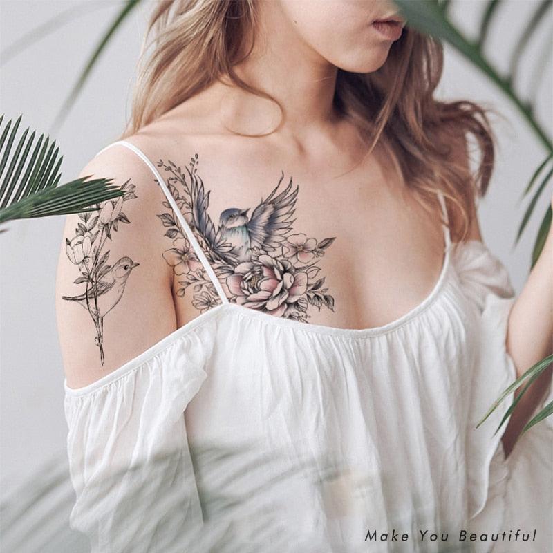 49 Sheets Waterproof Temporary Black Sketches Flowers Tattoo Stickers Flower Rose Tattoos For Women Adults - TaTTTy