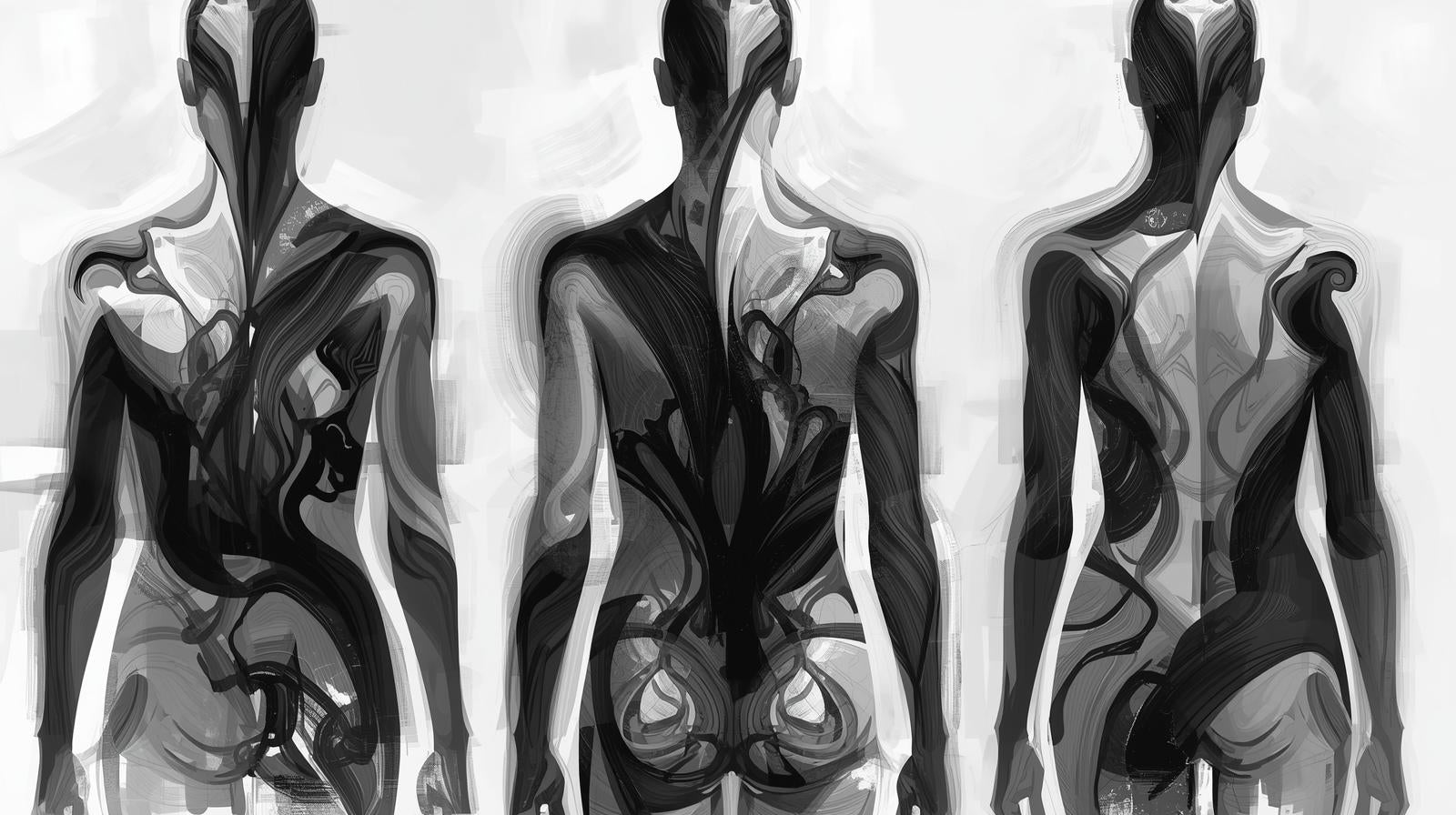 Three human figures with abstract patterns in black and white, viewed from the back.