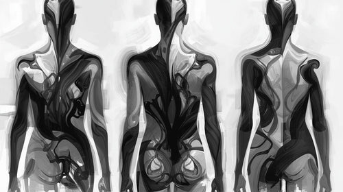 Three human figures with abstract patterns in black and white, viewed from the back.