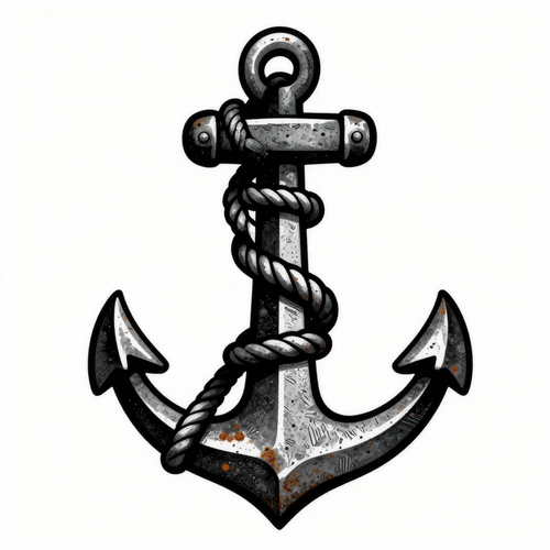 Illustration of a traditional anchor with rope in black and white, symbolizing maritime themes.