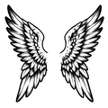 Symmetrical illustration of angel wings with intricate linework in black and white.