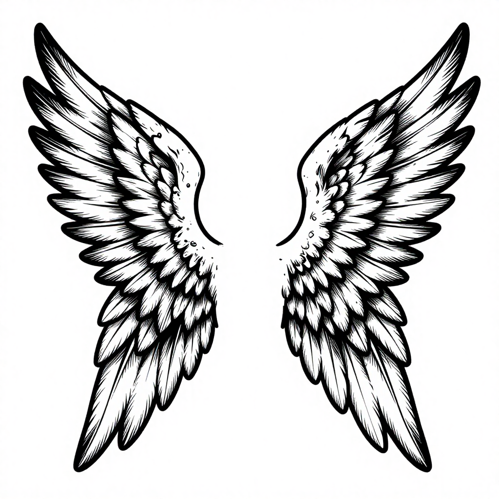 Symmetrical illustration of angel wings with intricate linework in black and white.