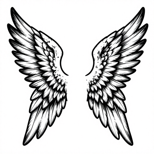 Symmetrical illustration of angel wings with intricate linework in black and white.