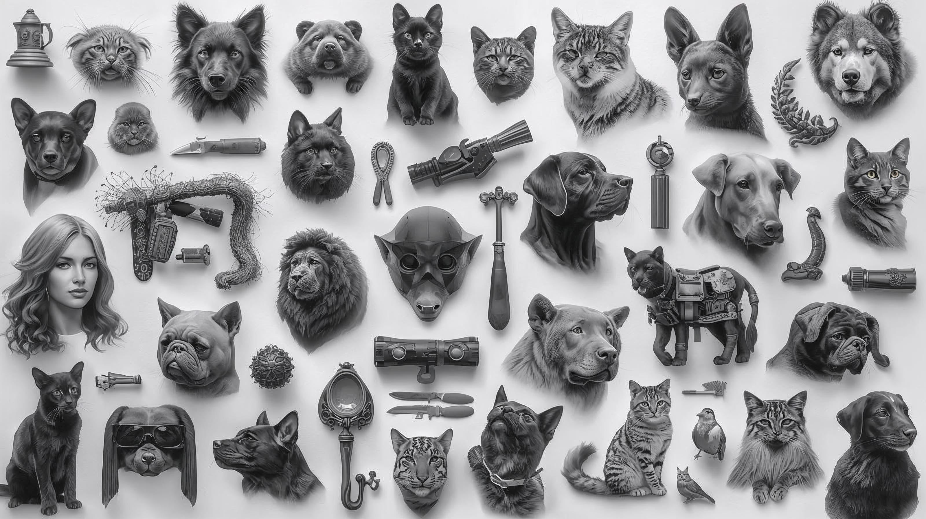 A black and white collage of various animal heads in a realistic style.
