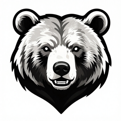 Vector illustration of a bear face with bold lines and geometric shapes in black and white.