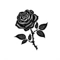 Black rose illustration with bold outlines and intricate details in traditional style.