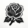 Black and white traditional style rose design with bold lines and shading.