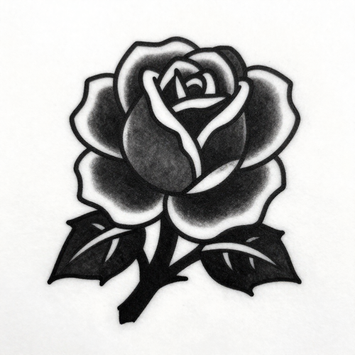 Black and white traditional style rose design with bold lines and shading.
