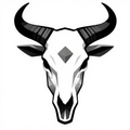 Geometric bull skull design in black and white with bold lines and sharp contrasts.