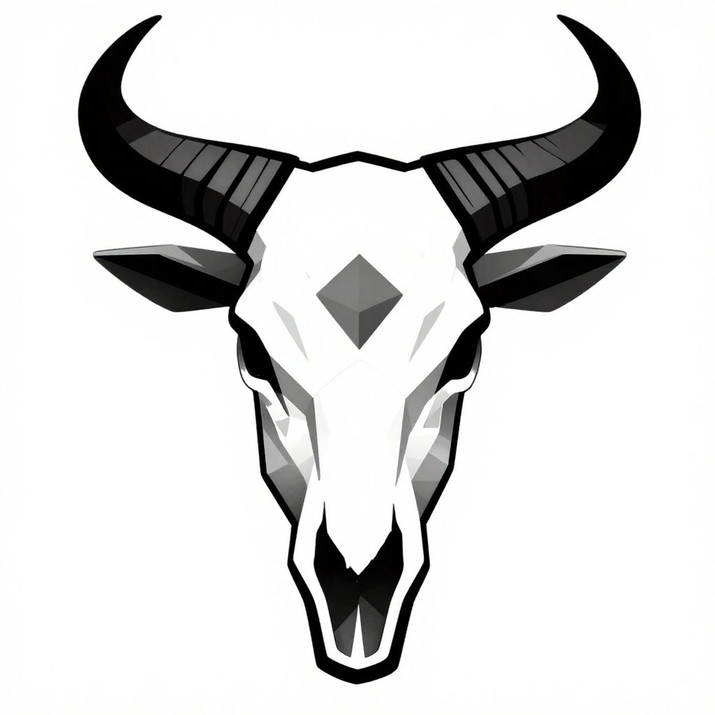 Geometric bull skull design in black and white with bold lines and sharp contrasts.