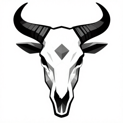 Geometric bull skull design in black and white with bold lines and sharp contrasts.