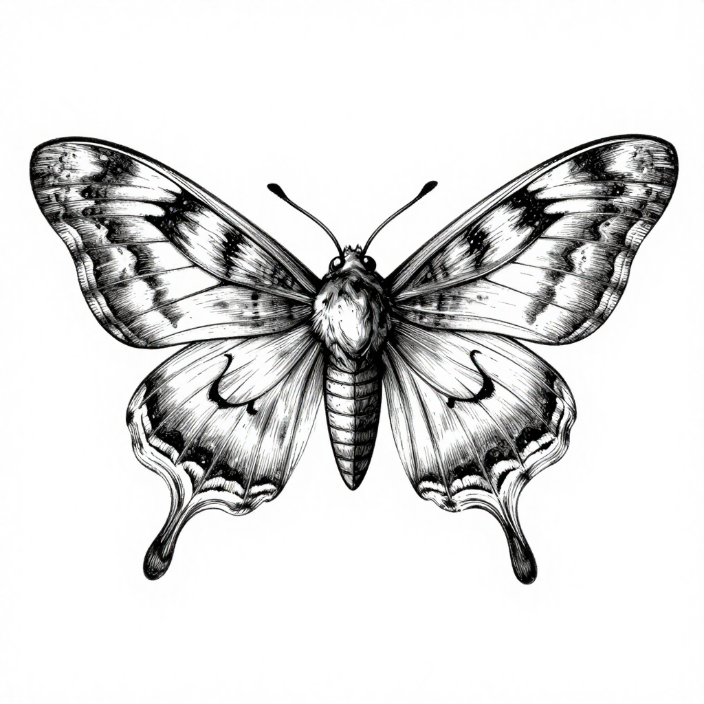 Intricate black and white linework illustration of a butterfly with detailed wings.