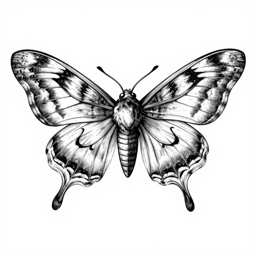 Intricate black and white linework illustration of a butterfly with detailed wings.