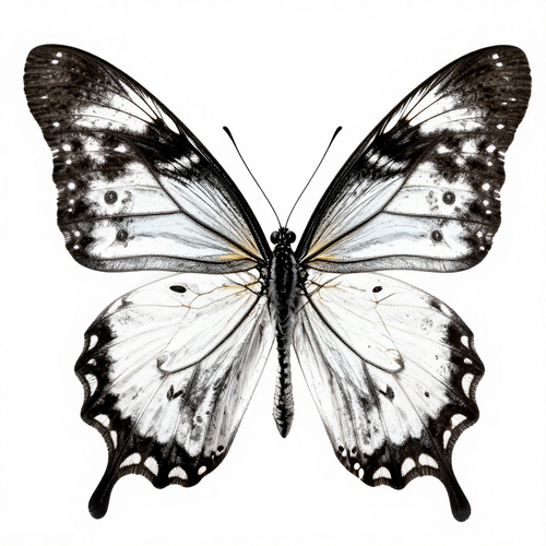 A black and white butterfly with symmetrical wings and intricate patterns displayed in a minimalist style.