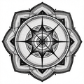 Intricate celestial mandala in black and white with dotwork and geometric patterns.