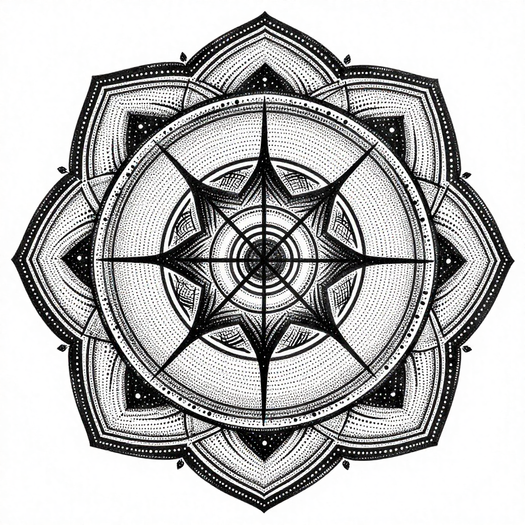 Intricate celestial mandala in black and white with dotwork and geometric patterns.