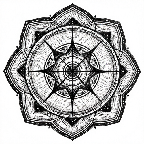 Intricate celestial mandala in black and white with dotwork and geometric patterns.