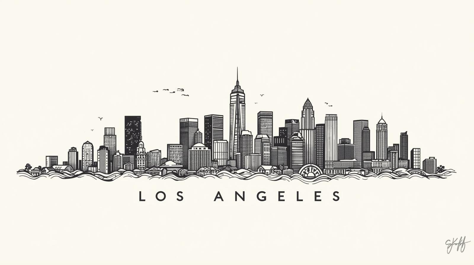 Black and white silhouette of the Los Angeles skyline in a minimalist style.