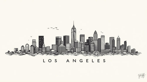 Black and white silhouette of the Los Angeles skyline in a minimalist style.
