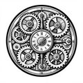 Illustration of a circular clockwork mechanism with interlocking gears and a vintage clock face in black and white.